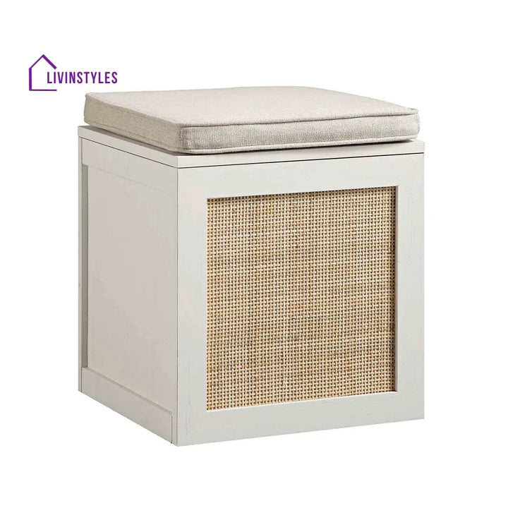 Frances Woven Rattan Single Storage Stool with Cushion White Cabinets & Chests