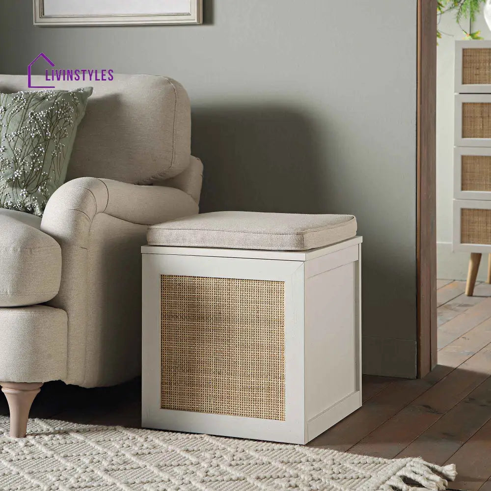 Frances Woven Rattan Single Storage Stool with Cushion White Cabinets & Chests