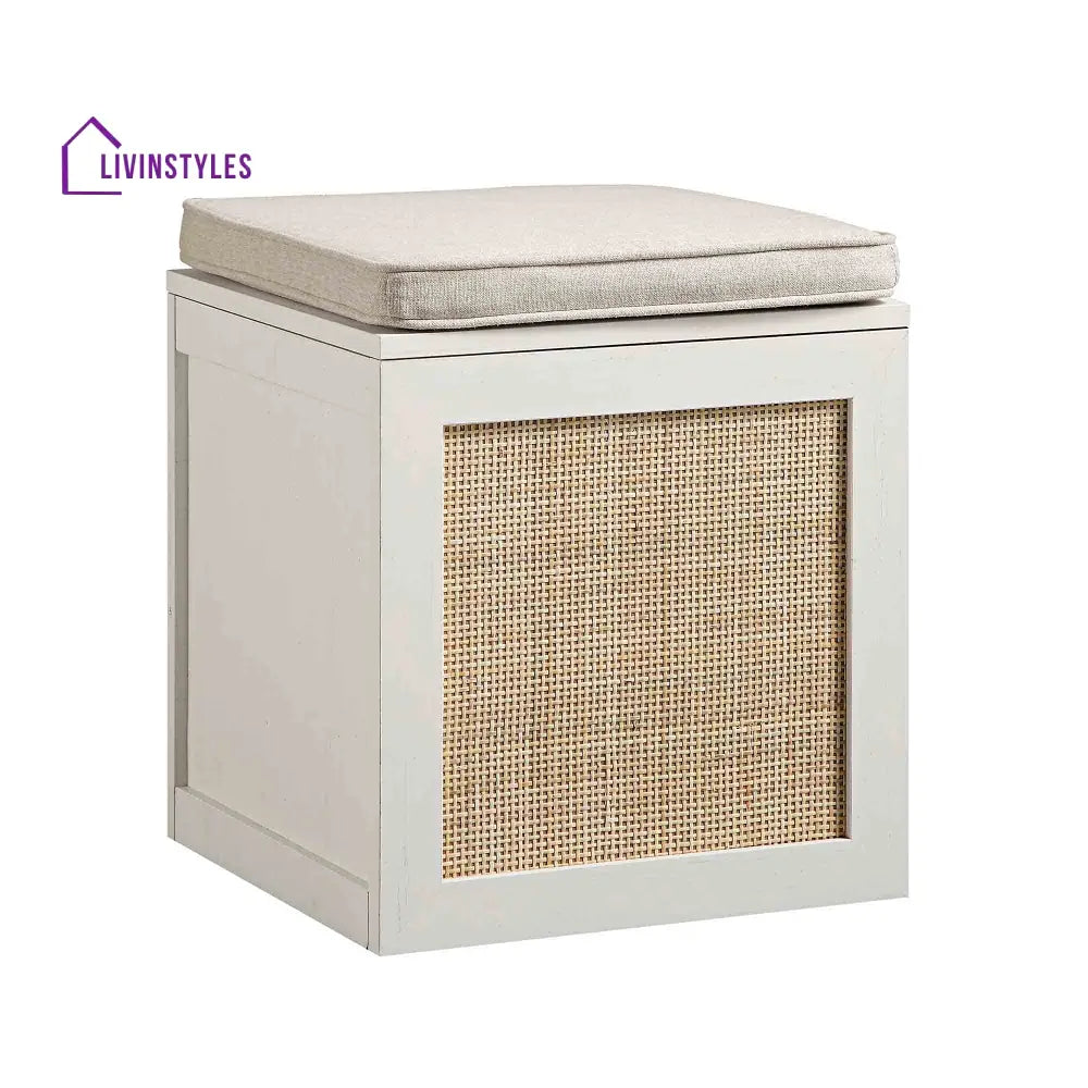 Frances Woven Rattan Single Storage Stool with Cushion White Cabinets & Chests