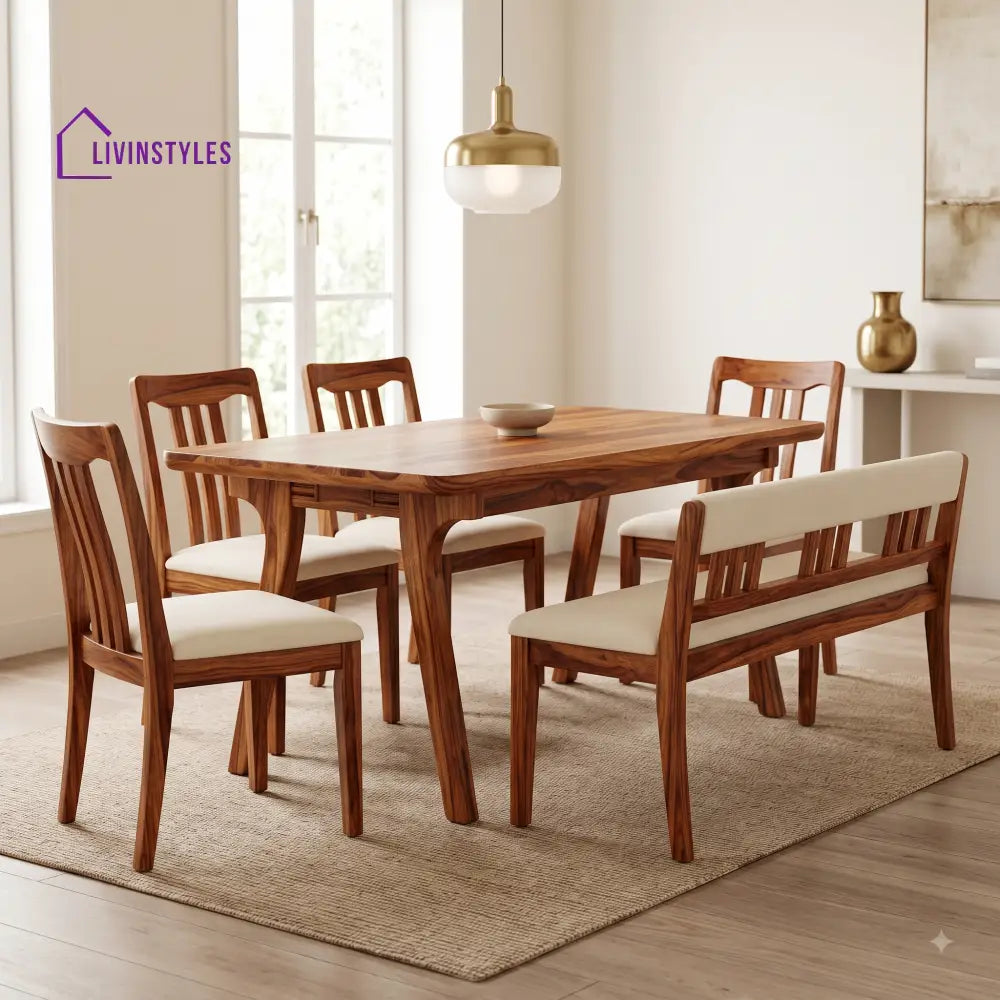 Sade Wooden 6 Seater Dining Table Set | 4 Chairs and 1 Bench | Table 72 X 36 X 30 Inch
