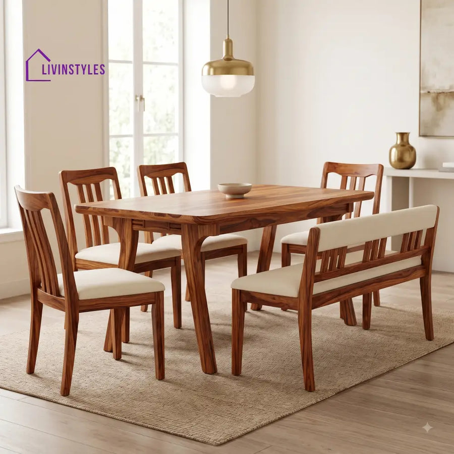 Sade Wooden 6 Seater Dining Table Set | 4 Chairs and 1 Bench | Table 72 X 36 X 30 Inch