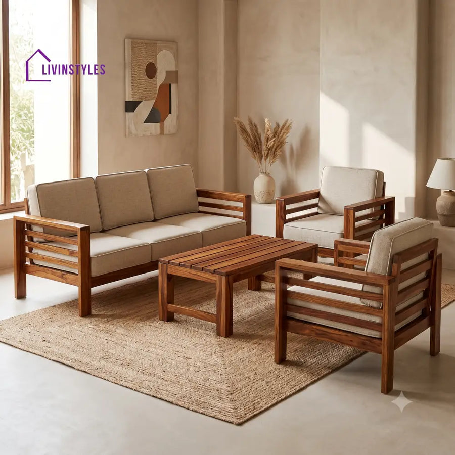 Sadhana Wooden Sofa Set | 3 + 1 + 1 Sheesham Wood Sofa Set for Living Room