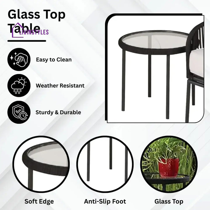 Safiya 3 Piece Outdoor Rope Bistro Set (Black & White) - Patio Set