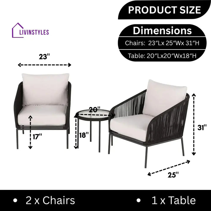 Safiya 3 Piece Outdoor Rope Bistro Set (Black & White) - Patio Set