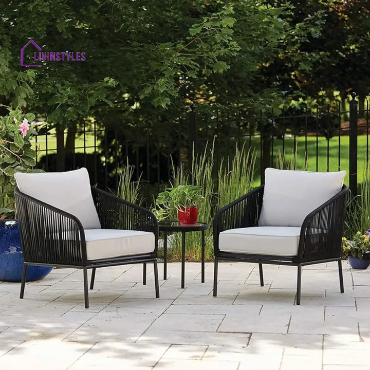 Safiya 3 Piece Outdoor Rope Bistro Set (Black & White) - Patio Set