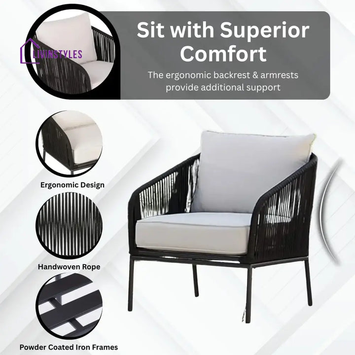 Safiya 3 Piece Outdoor Rope Bistro Set (Black & White) - Patio Set