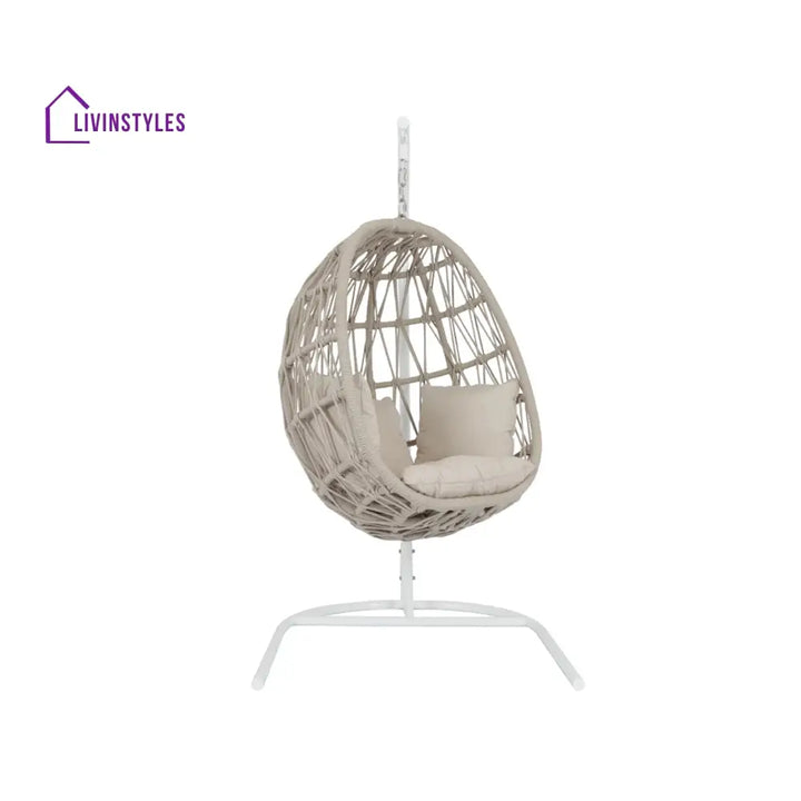 Saga Single Seater Hanging Swing With Stand For Balcony Garden (Cream) Braided & Rope - Swings