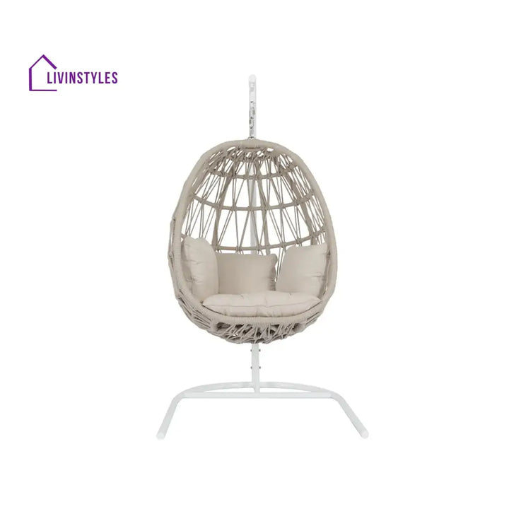 Saga Single Seater Hanging Swing With Stand For Balcony Garden (Cream) Braided & Rope - Swings