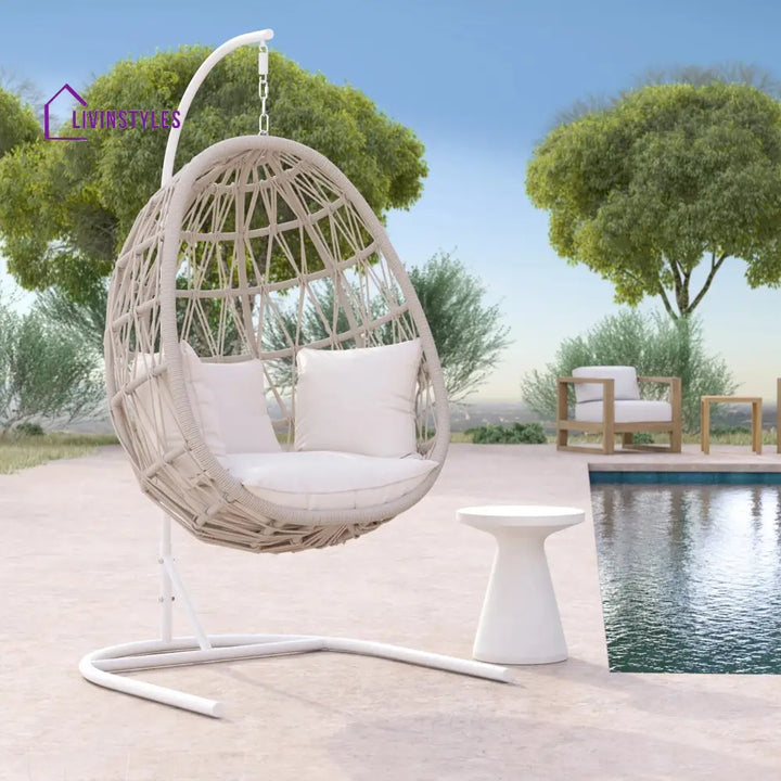 Saga Single Seater Hanging Swing With Stand For Balcony Garden (Cream) Braided & Rope - Swings