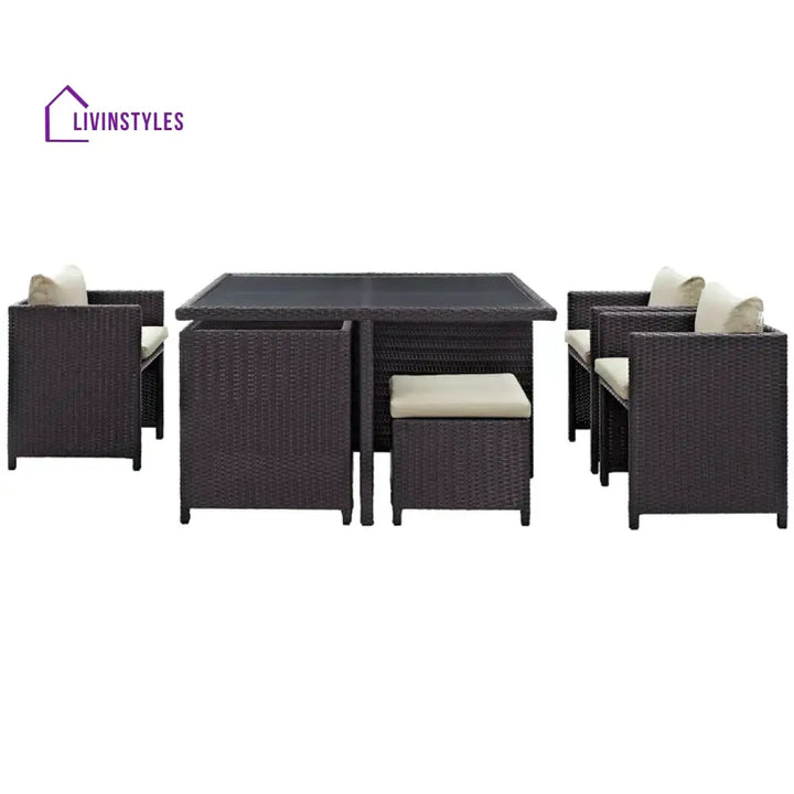 Sagar 7 Piece Outdoor Wicker Dining Set With Ottoman And Table (Dark Brown & Cream)