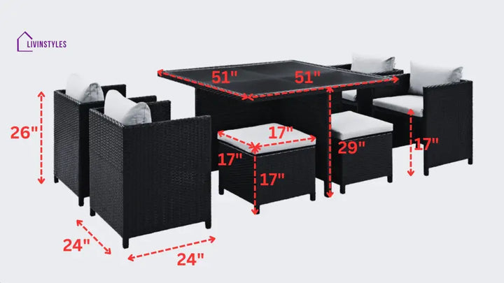 Sagar 7 Piece Outdoor Wicker Dining Set With Ottoman And Table (Dark Brown & Cream)