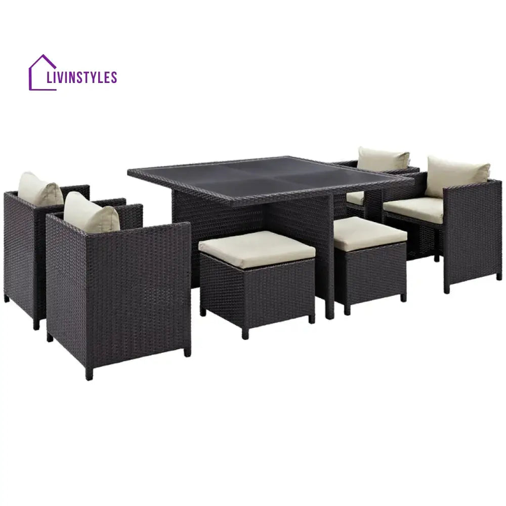 Sagar 7 Piece Outdoor Wicker Dining Set With Ottoman And Table (Dark Brown & Cream)