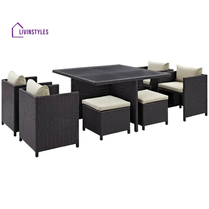 Sagar 7 Piece Outdoor Wicker Dining Set With Ottoman And Table (Dark Brown & Cream)