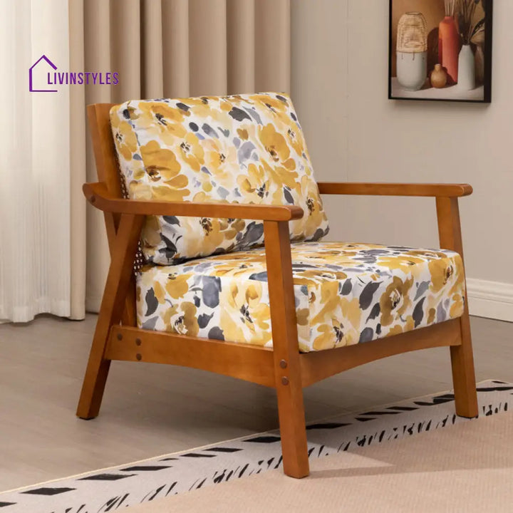 Saiya Solid Wood and Fabric Arm Chair | Living Room Chair | Lounge Chair
