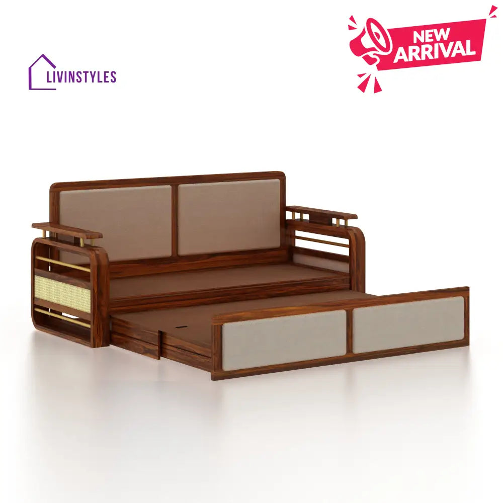 Sakshi Solid Sheesham Wood 3 Seater Sofa Cum Bed With Upholstered Headboard and Brass Detailing - 2 Years Warranty
