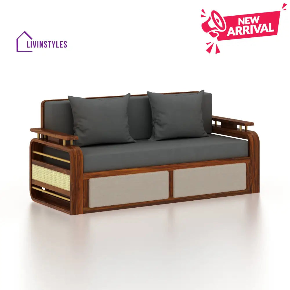 Sakshi Solid Sheesham Wood 3 Seater Sofa Cum Bed With Upholstered Headboard and Brass Detailing - 2 Years Warranty