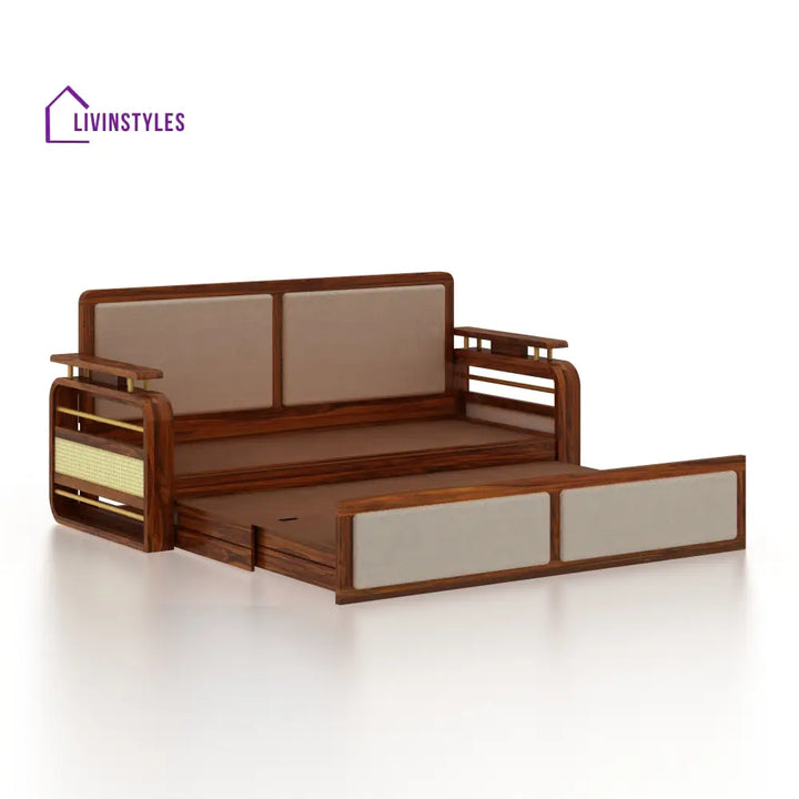 Sakshi Solid Sheesham Wood 3 Seater Sofa Cum Bed With Upholstered Headboard and Brass Detailing - 2 Years Warranty