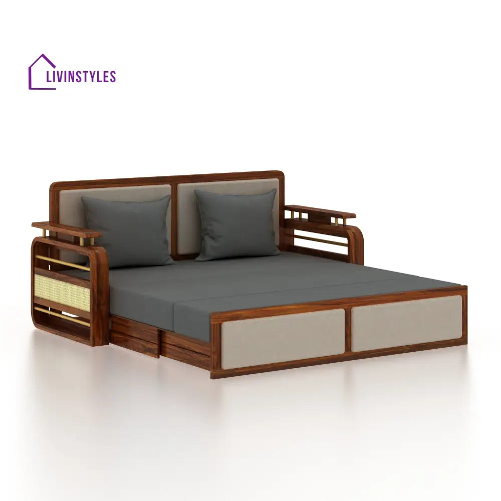 Sakshi Solid Sheesham Wood 3 Seater Sofa Cum Bed With Upholstered Headboard and Brass Detailing - 2 Years Warranty