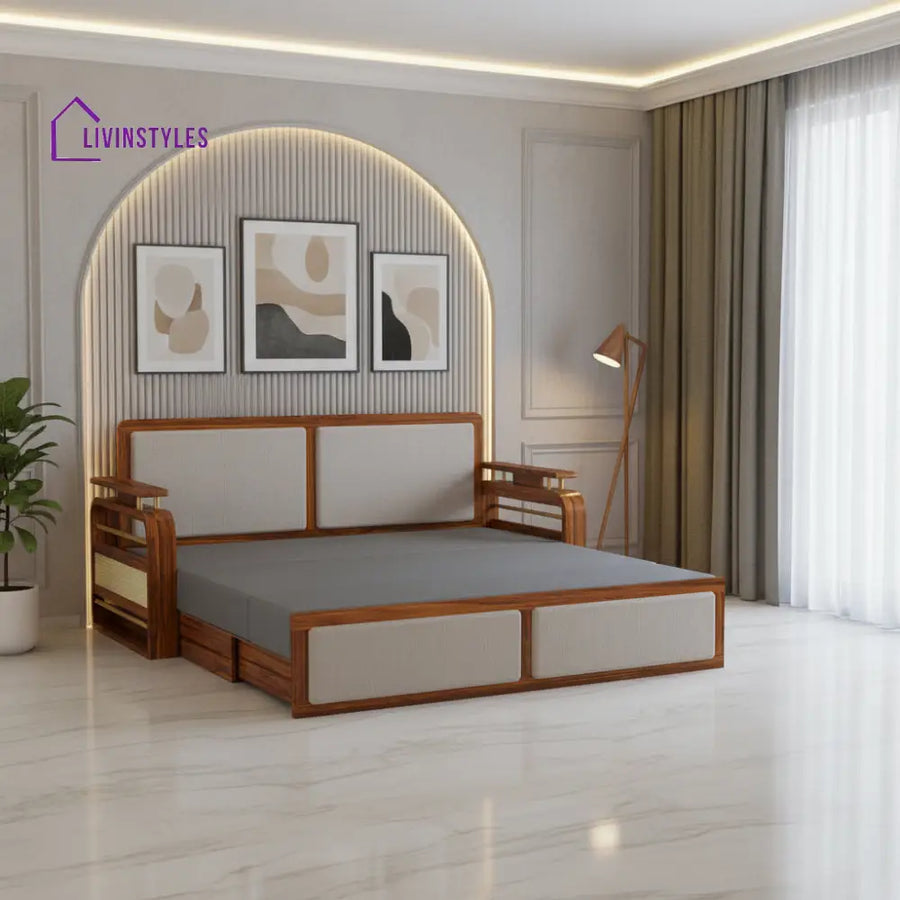 Sakshi Solid Sheesham Wood 3 Seater Sofa Cum Bed With Upholstered Headboard and Brass Detailing - 2 Years Warranty