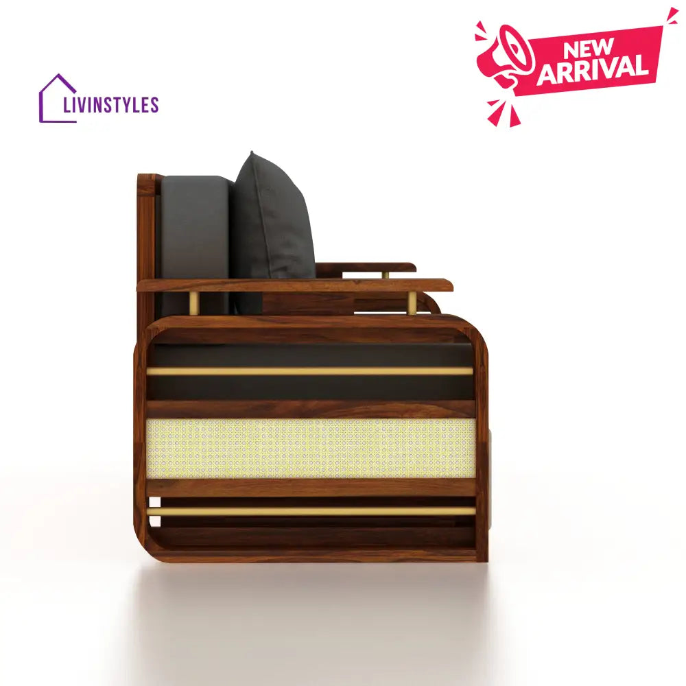 Sakshi Solid Sheesham Wood 3 Seater Sofa Cum Bed With Upholstered Headboard and Brass Detailing - 2 Years Warranty