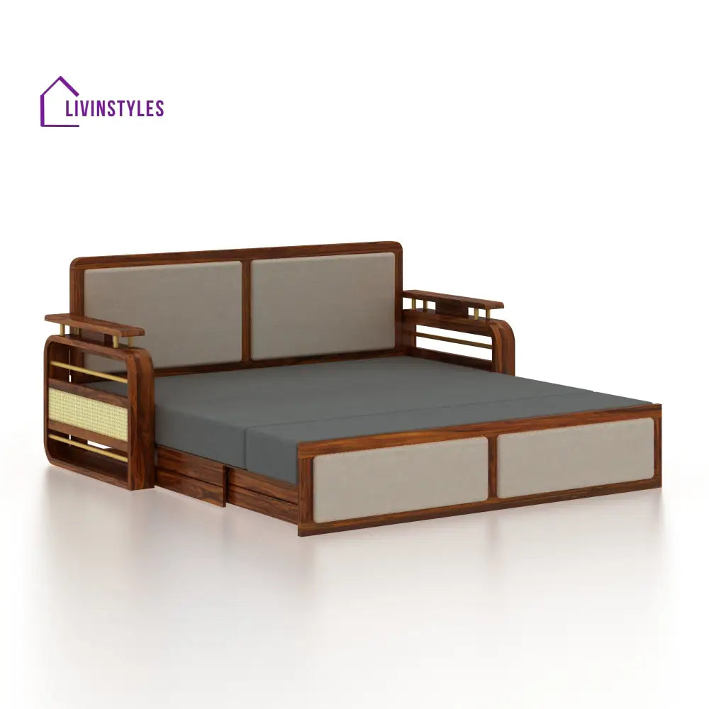 Sakshi Solid Sheesham Wood 3 Seater Sofa Cum Bed With Upholstered Headboard and Brass Detailing - 2 Years Warranty