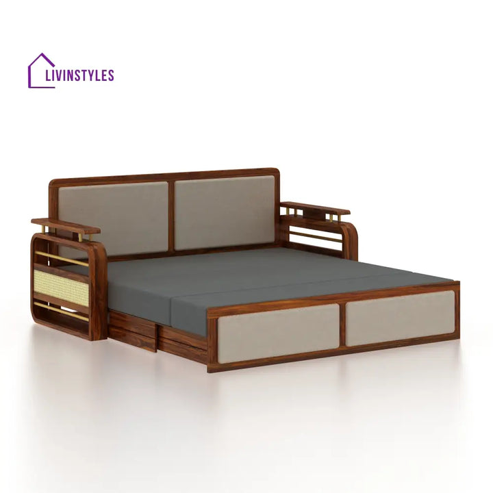 Sakshi Solid Sheesham Wood 3 Seater Sofa Cum Bed With Upholstered Headboard and Brass Detailing - 2 Years Warranty