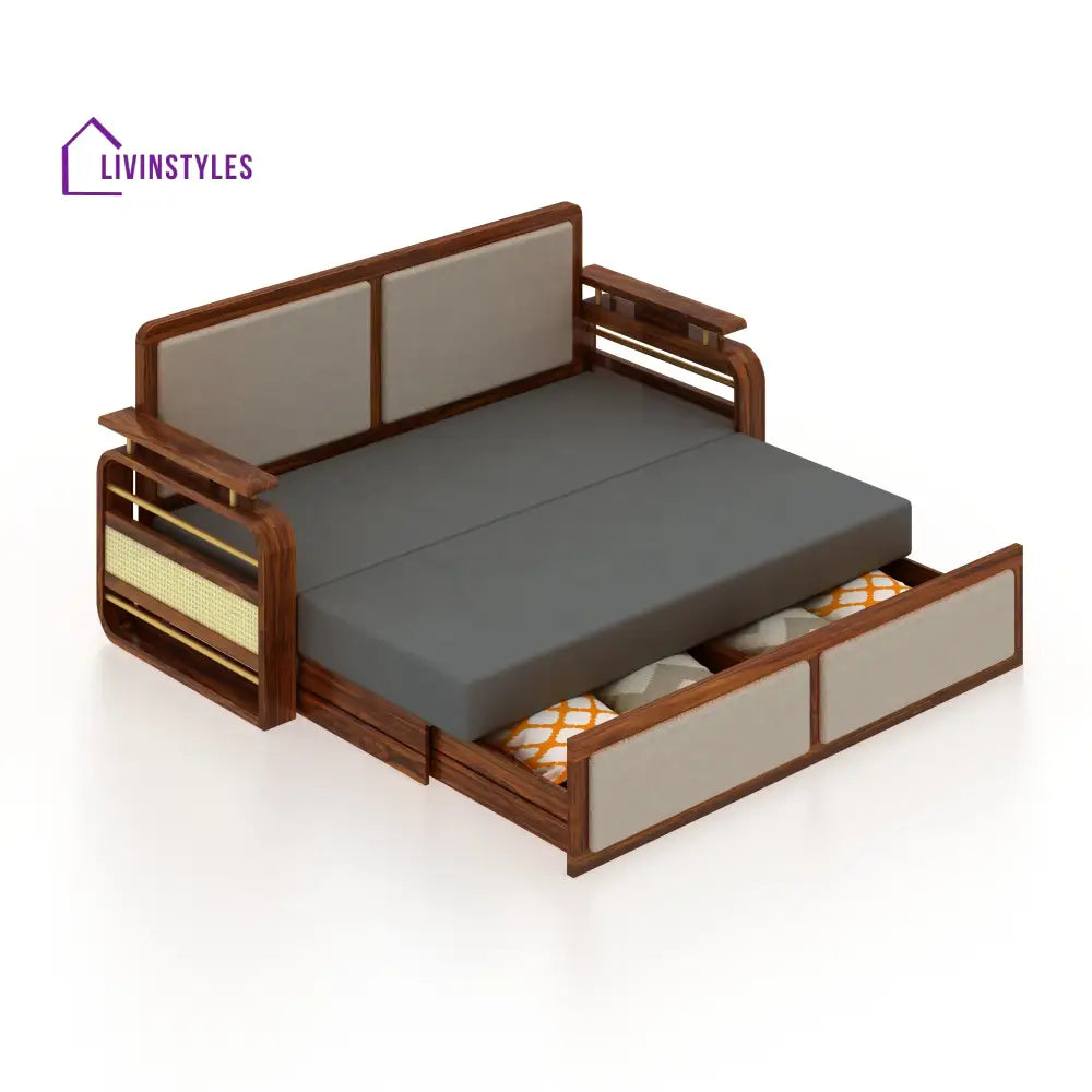 Sakshi Solid Sheesham Wood 3 Seater Sofa Cum Bed With Upholstered Headboard and Brass Detailing - 2 Years Warranty