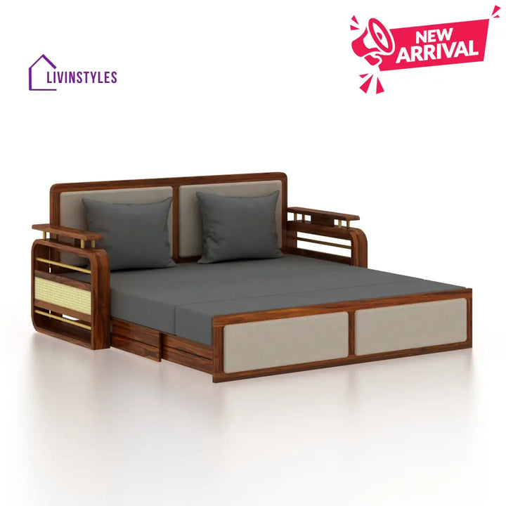 Sakshi Solid Sheesham Wood 3 Seater Sofa Cum Bed With Upholstered Headboard and Brass Detailing - 2 Years Warranty