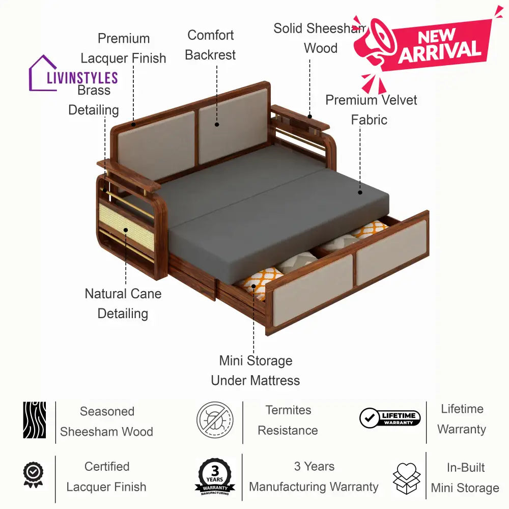 Sakshi Solid Sheesham Wood 3 Seater Sofa Cum Bed With Upholstered Headboard and Brass Detailing - 2 Years Warranty