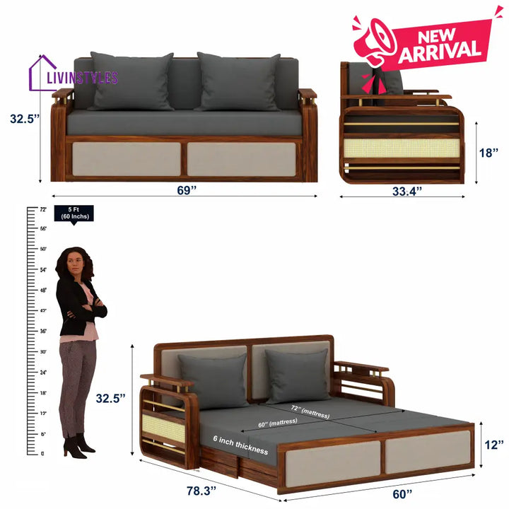 Sakshi Solid Sheesham Wood 3 Seater Sofa Cum Bed With Upholstered Headboard and Brass Detailing - 2 Years Warranty