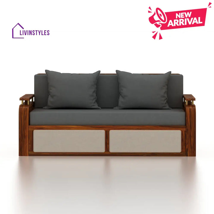Sakshi Solid Sheesham Wood 3 Seater Sofa Cum Bed With Upholstered Headboard and Brass Detailing - 2 Years Warranty