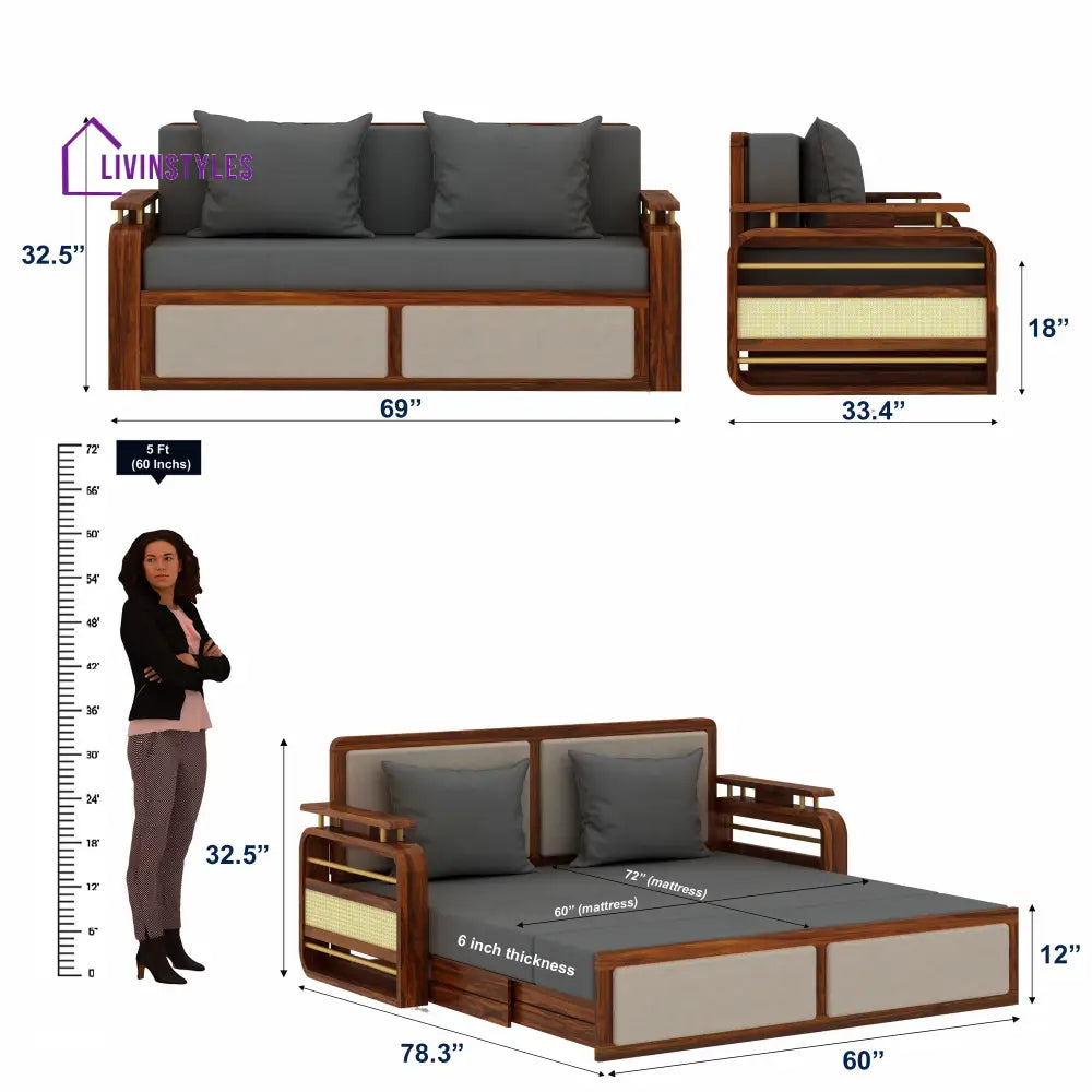 Sakshi Solid Sheesham Wood 3 Seater Sofa Cum Bed With Upholstered Headboard and Brass Detailing - 2 Years Warranty