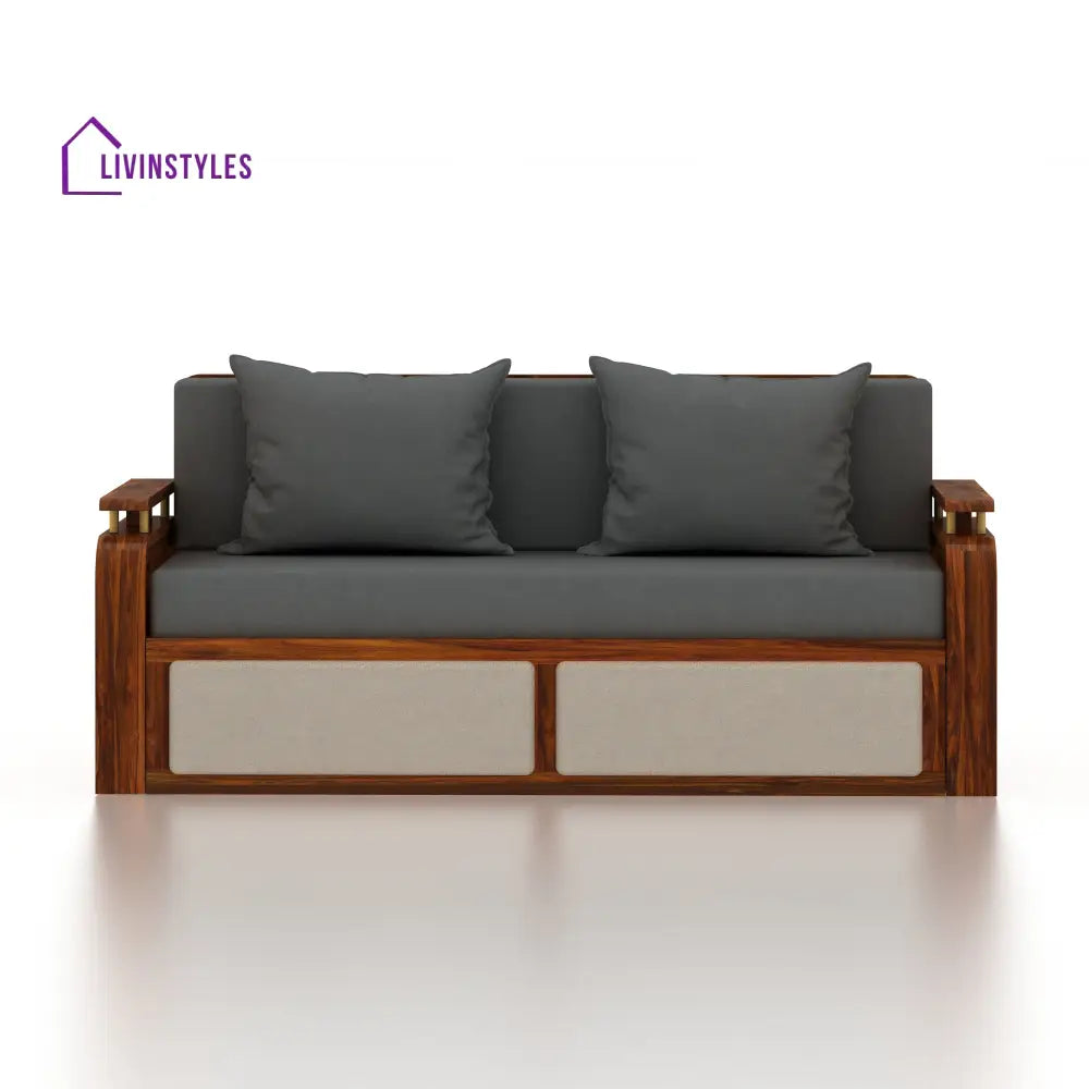 Sakshi Solid Sheesham Wood 3 Seater Sofa Cum Bed With Upholstered Headboard and Brass Detailing - 2 Years Warranty