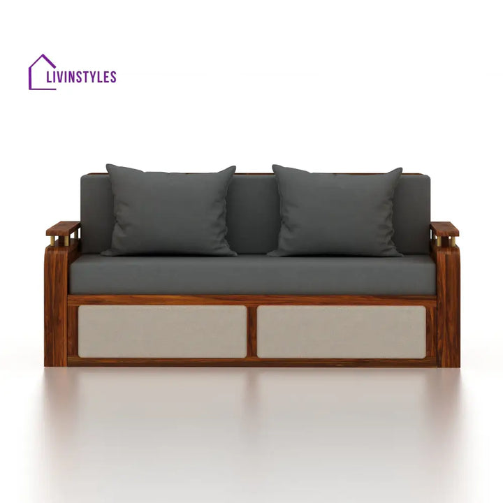 Sakshi Solid Sheesham Wood 3 Seater Sofa Cum Bed With Upholstered Headboard and Brass Detailing - 2 Years Warranty