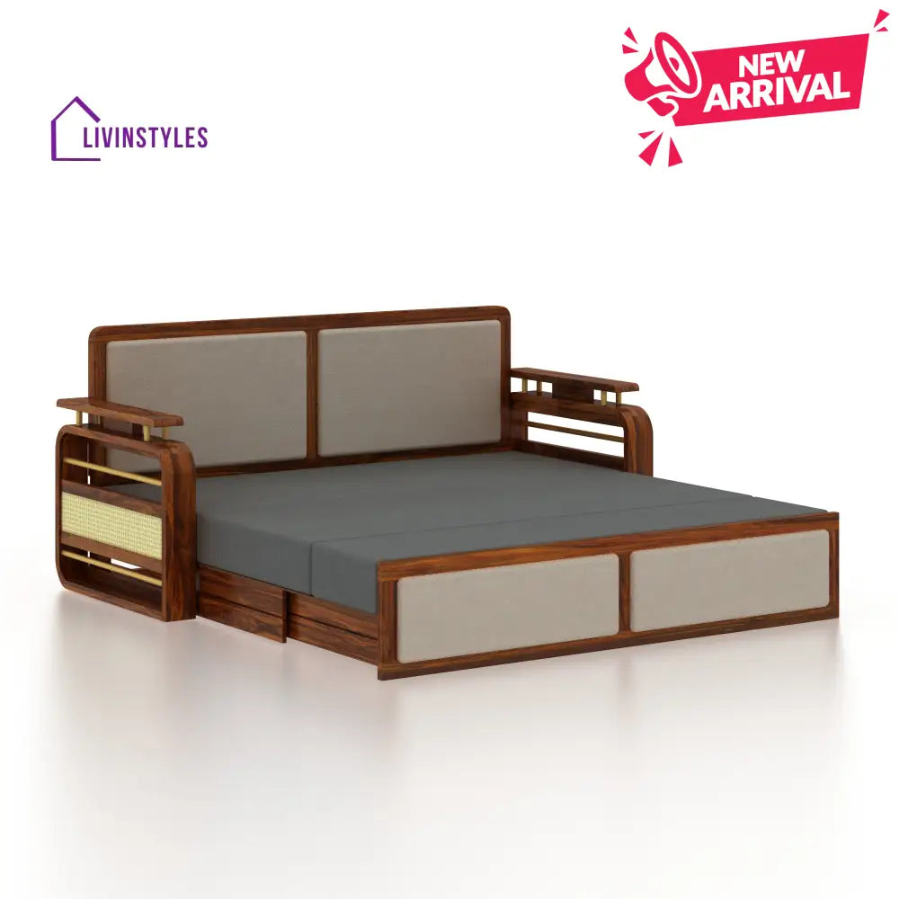 Sakshi Solid Sheesham Wood 3 Seater Sofa Cum Bed With Upholstered Headboard and Brass Detailing - 2 Years Warranty