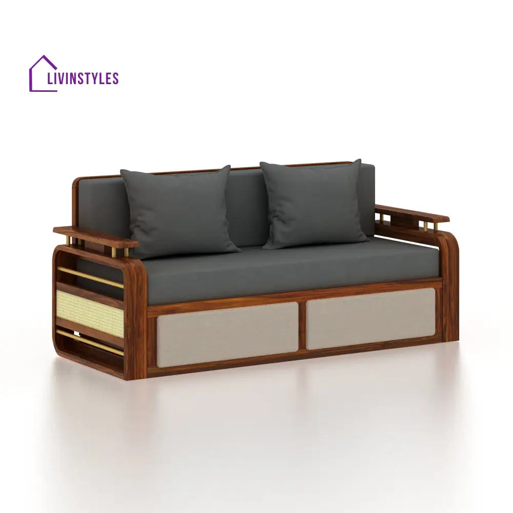 Sakshi Solid Sheesham Wood 3 Seater Sofa Cum Bed With Upholstered Headboard and Brass Detailing - 2 Years Warranty