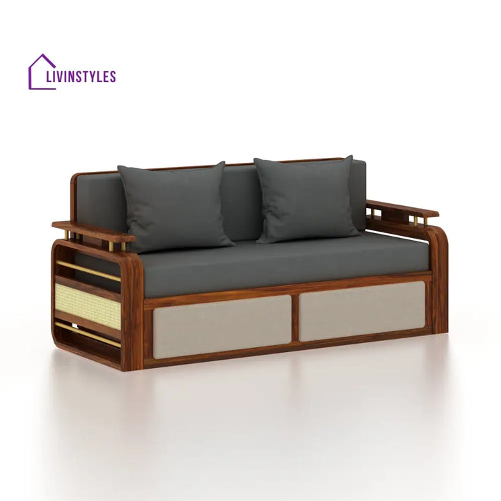 Sakshi Solid Sheesham Wood 3 Seater Sofa Cum Bed With Upholstered Headboard and Brass Detailing - 2 Years Warranty