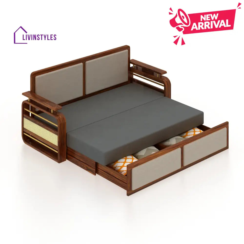 Sakshi Solid Sheesham Wood 3 Seater Sofa Cum Bed With Upholstered Headboard and Brass Detailing - 2 Years Warranty