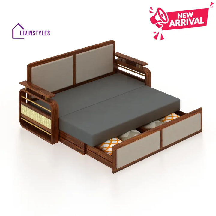 Sakshi Solid Sheesham Wood 3 Seater Sofa Cum Bed With Upholstered Headboard and Brass Detailing - 2 Years Warranty