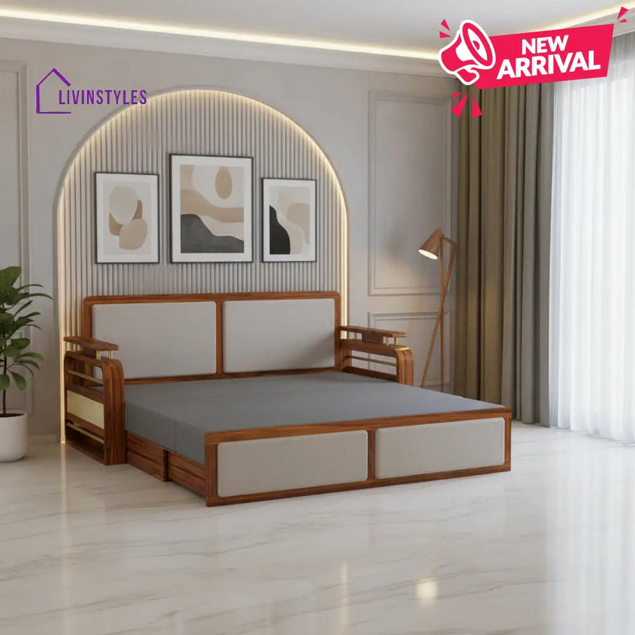 Sakshi Solid Sheesham Wood 3 Seater Sofa Cum Bed With Upholstered Headboard and Brass Detailing - 2 Years Warranty