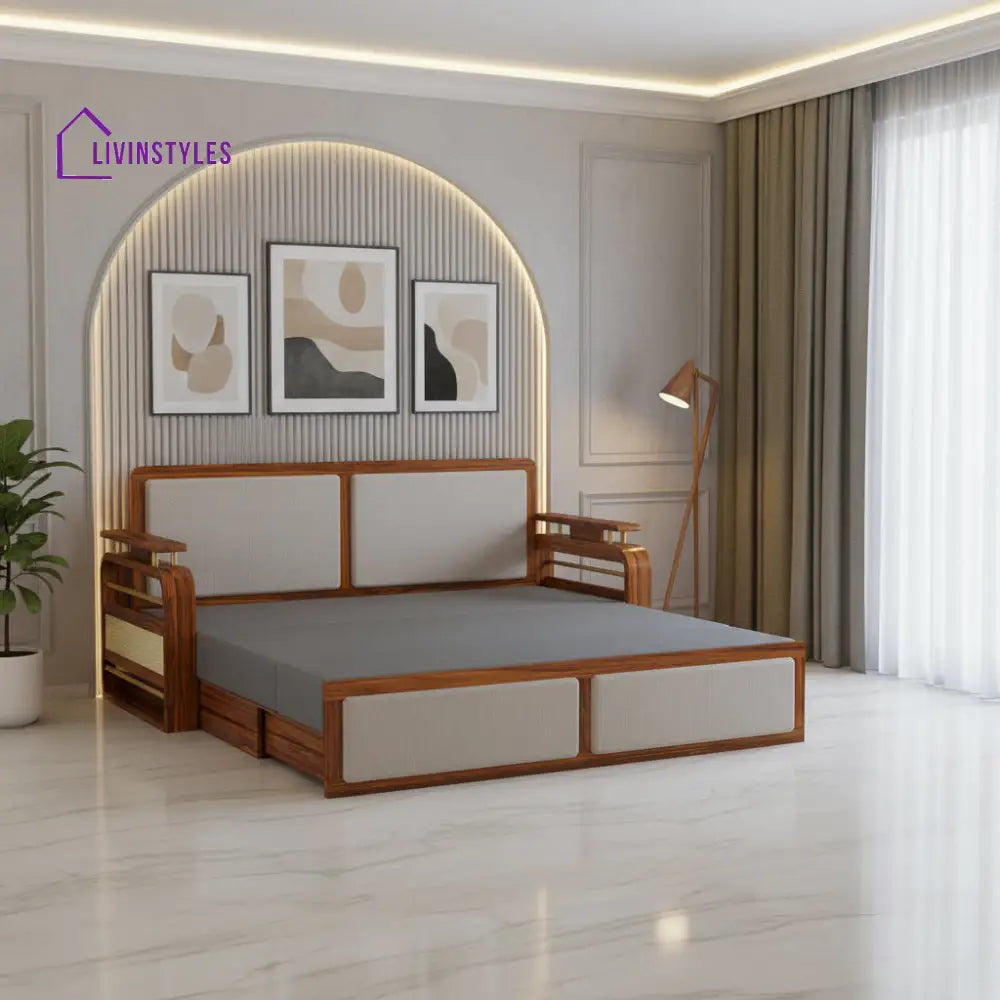 Sakshi Solid Sheesham Wood 3 Seater Sofa Cum Bed With Upholstered Headboard and Brass Detailing - 2 Years Warranty