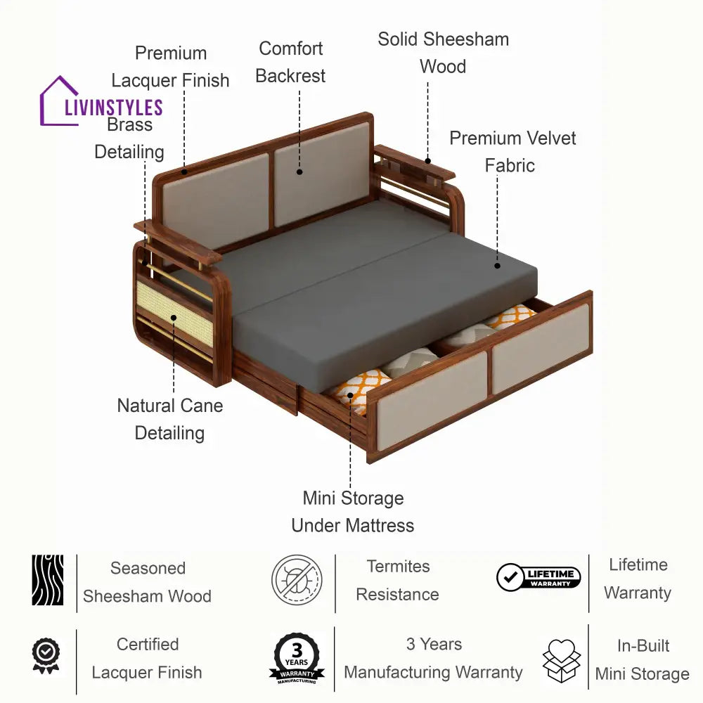Sakshi Solid Sheesham Wood 3 Seater Sofa Cum Bed With Upholstered Headboard and Brass Detailing - 2 Years Warranty