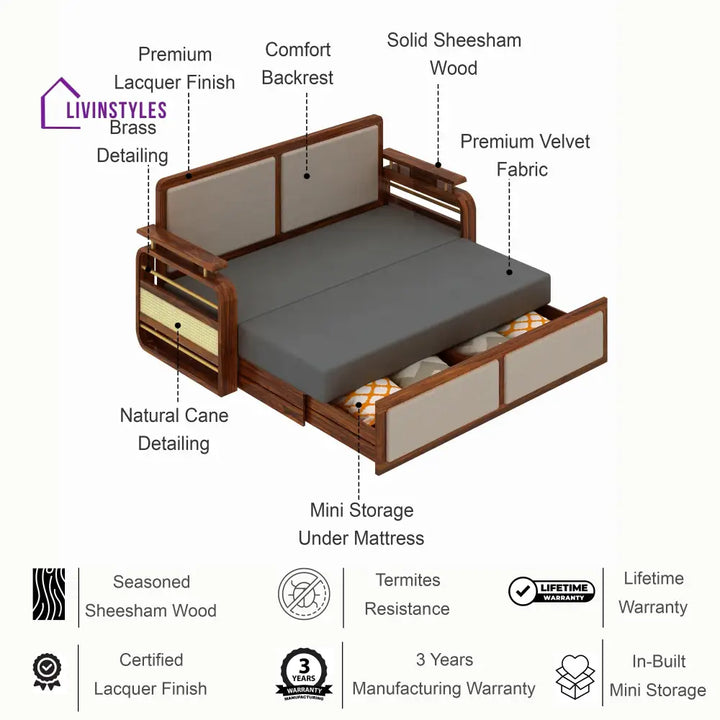 Sakshi Solid Sheesham Wood 3 Seater Sofa Cum Bed With Upholstered Headboard and Brass Detailing - 2 Years Warranty
