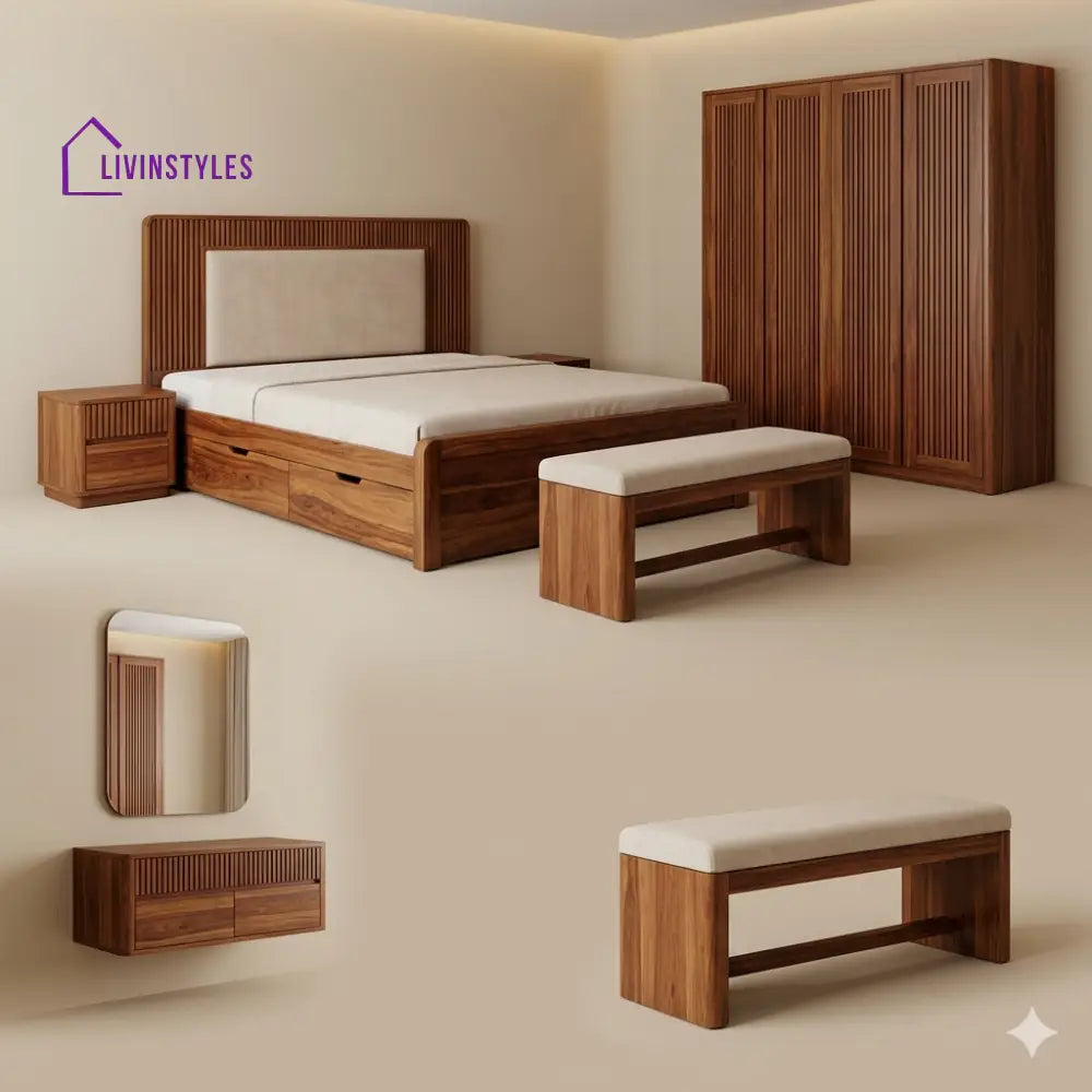 Sakshi Solid Sheesham Wood Bedroom Set with Bed Bedside Tables Bench Wardrobe & Dresser