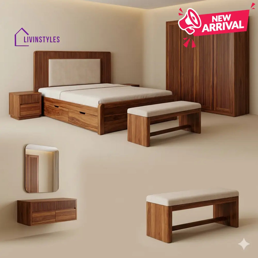 Sakshi Solid Sheesham Wood Bedroom Set with Bed Bedside Tables Bench Wardrobe & Dresser