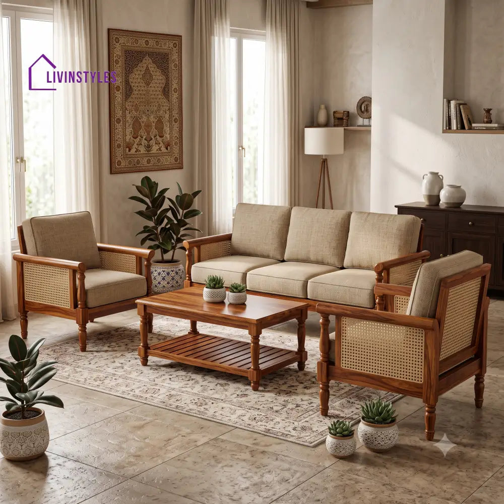 Sakshi Wooden Sofa Set | 3 + 1 + 1 Sheesham Wood Sofa Set for Living Room