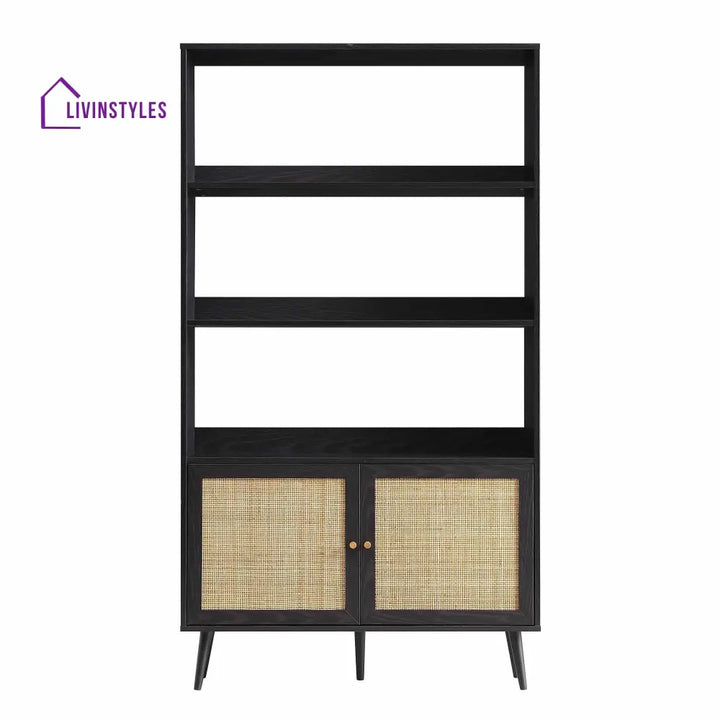 Frances Woven Rattan Bookcase with Doors Black Bookcases & Shelves