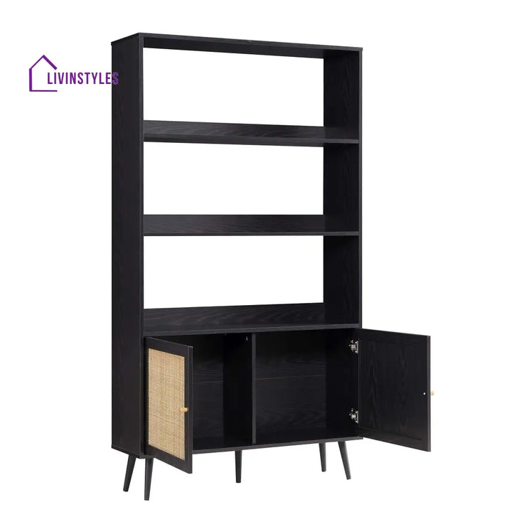 Frances Woven Rattan Bookcase with Doors Black Bookcases & Shelves