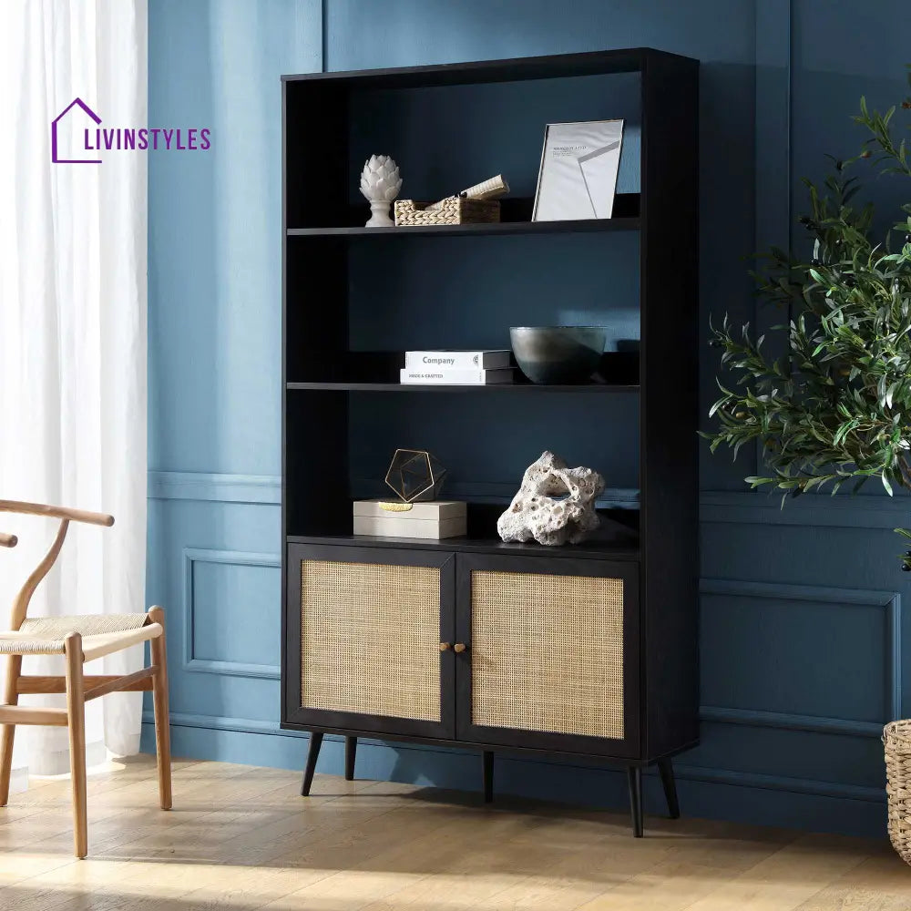 Frances Woven Rattan Bookcase with Doors Black Bookcases & Shelves