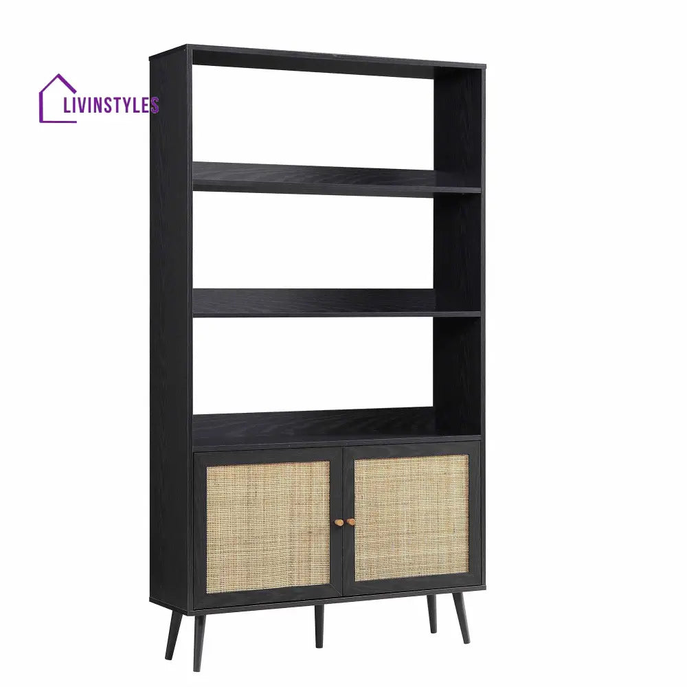 Frances Woven Rattan Bookcase with Doors Black Bookcases & Shelves